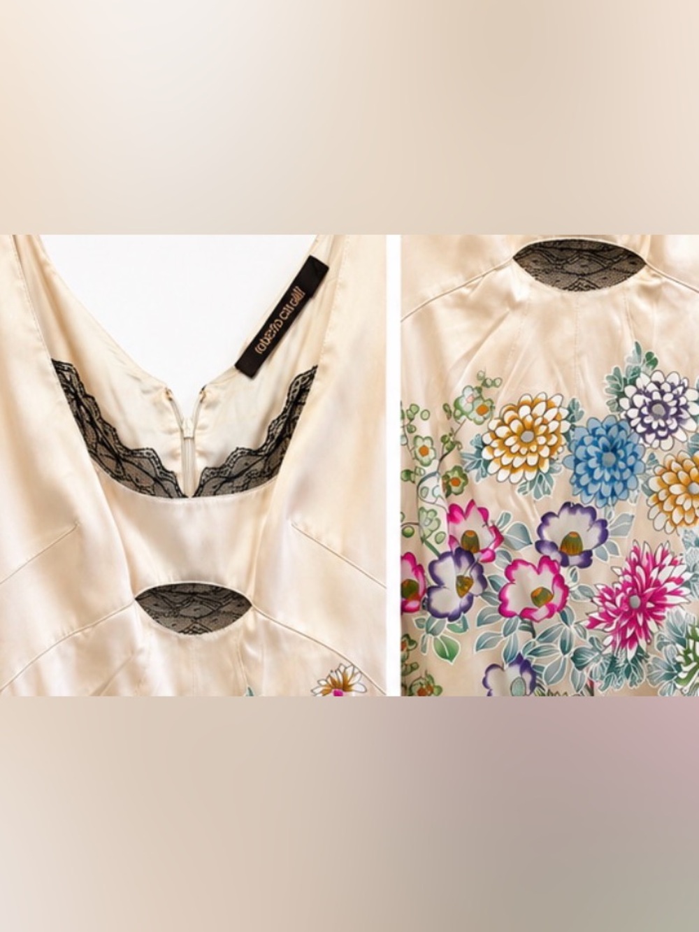 Roberto Cavalli Cream Floral Silk Embroidered Mini Dress with Black Trim - Picture 2 of 3